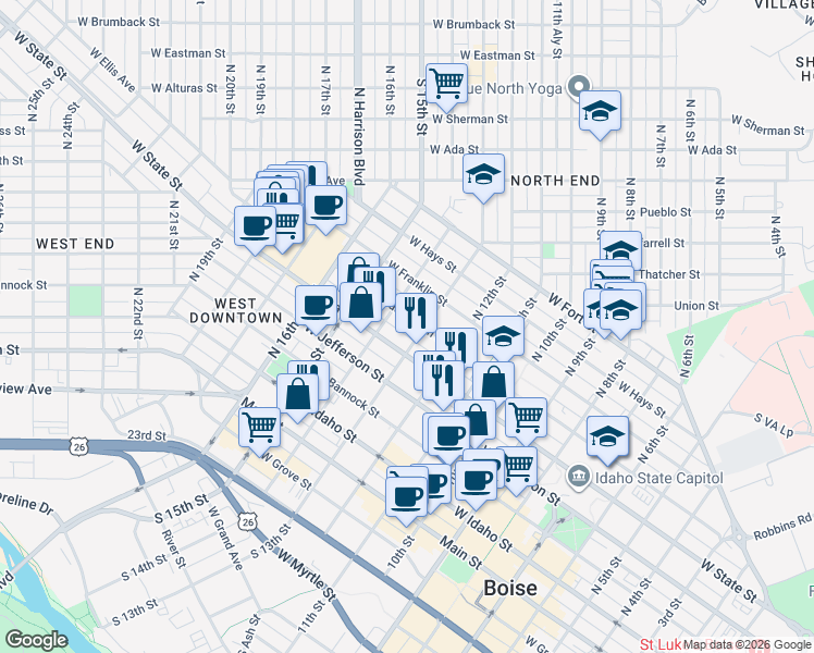 map of restaurants, bars, coffee shops, grocery stores, and more near 1311 West Washington Street in Boise