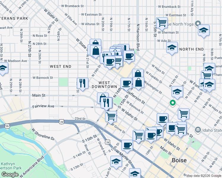 map of restaurants, bars, coffee shops, grocery stores, and more near 305 North 17th Street in Boise