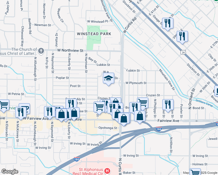 map of restaurants, bars, coffee shops, grocery stores, and more near 2015 North Curtis Road in Boise