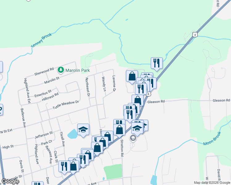 map of restaurants, bars, coffee shops, grocery stores, and more near 14 Laverne Drive in Rutland