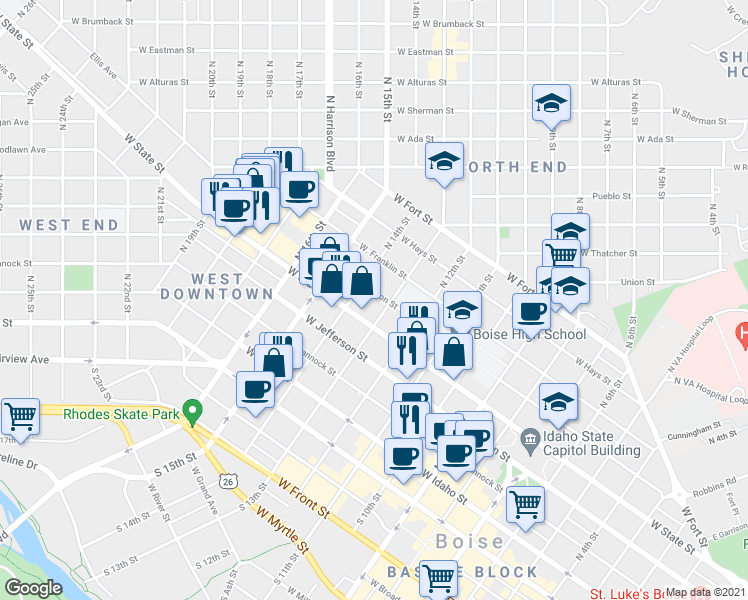 map of restaurants, bars, coffee shops, grocery stores, and more near 1320 West Washington Street in Boise
