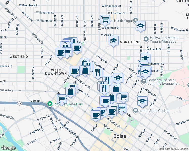 map of restaurants, bars, coffee shops, grocery stores, and more near 1320 West Washington Street in Boise