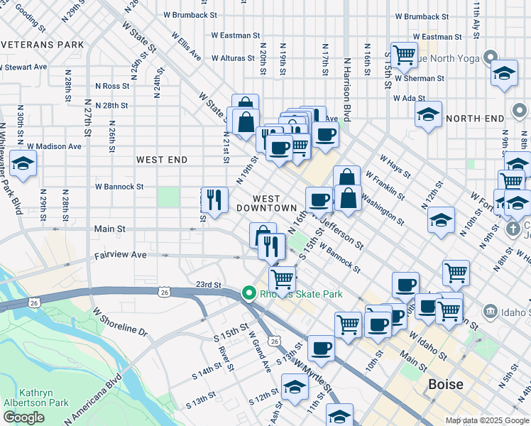 map of restaurants, bars, coffee shops, grocery stores, and more near 305 North 17th Street in Boise