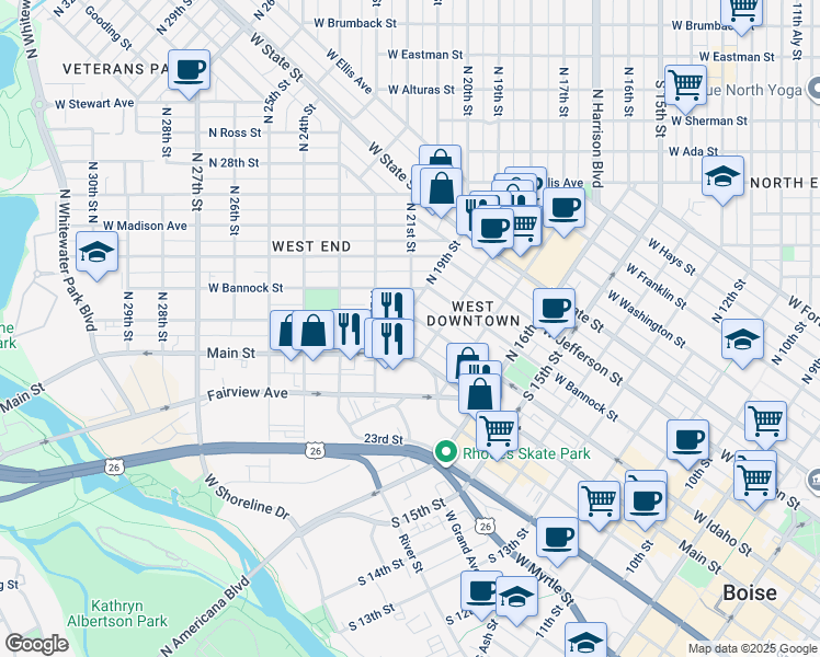 map of restaurants, bars, coffee shops, grocery stores, and more near 18181820 West Idaho Street in Boise