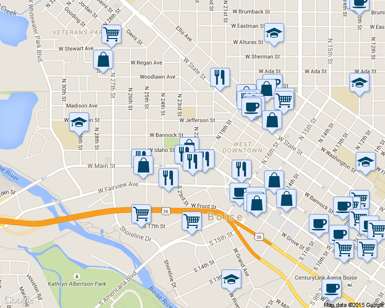 map of restaurants, bars, coffee shops, grocery stores, and more near 203 North 22nd Street in Boise