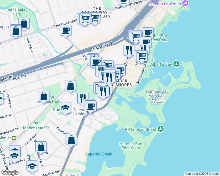 map of restaurants, bars, coffee shops, grocery stores, and more near 2212 Lake Shore Boulevard West in Toronto