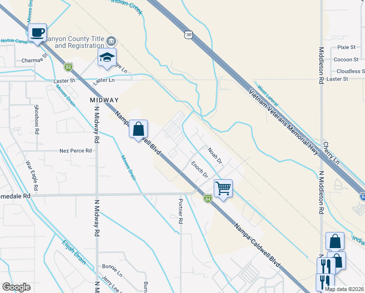 map of restaurants, bars, coffee shops, grocery stores, and more near 6901 Enoch Drive in Caldwell