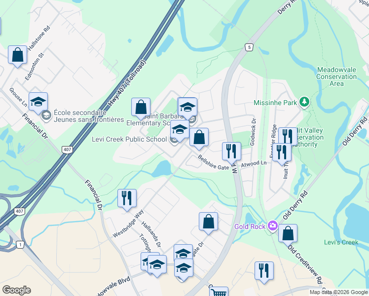 map of restaurants, bars, coffee shops, grocery stores, and more near 7319 Bellshire Gate in Mississauga