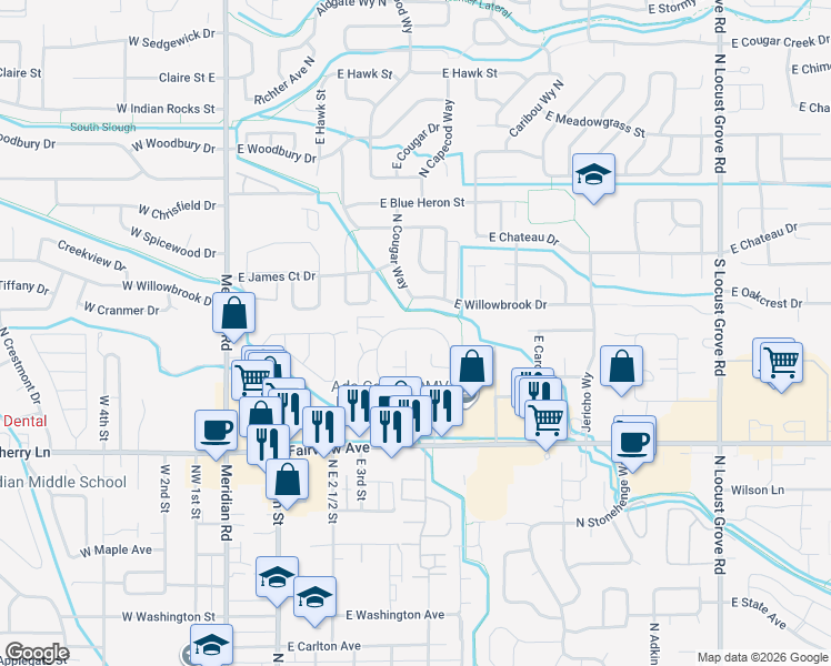 map of restaurants, bars, coffee shops, grocery stores, and more near 170 Barbara Drive in Meridian