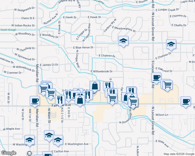 map of restaurants, bars, coffee shops, grocery stores, and more near 1960 North Lakes Place in Meridian