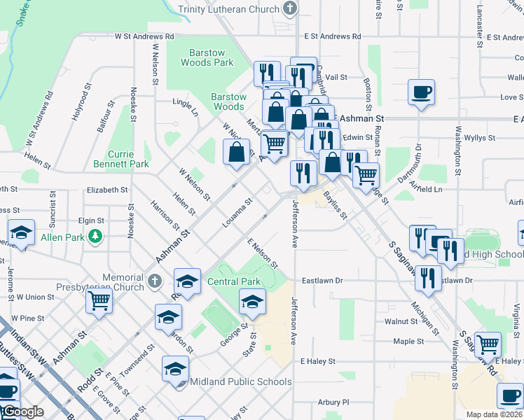 map of restaurants, bars, coffee shops, grocery stores, and more near 202 Harold Street in Midland