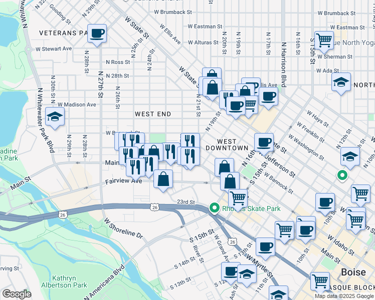 map of restaurants, bars, coffee shops, grocery stores, and more near 1909 West Idaho Street in Boise