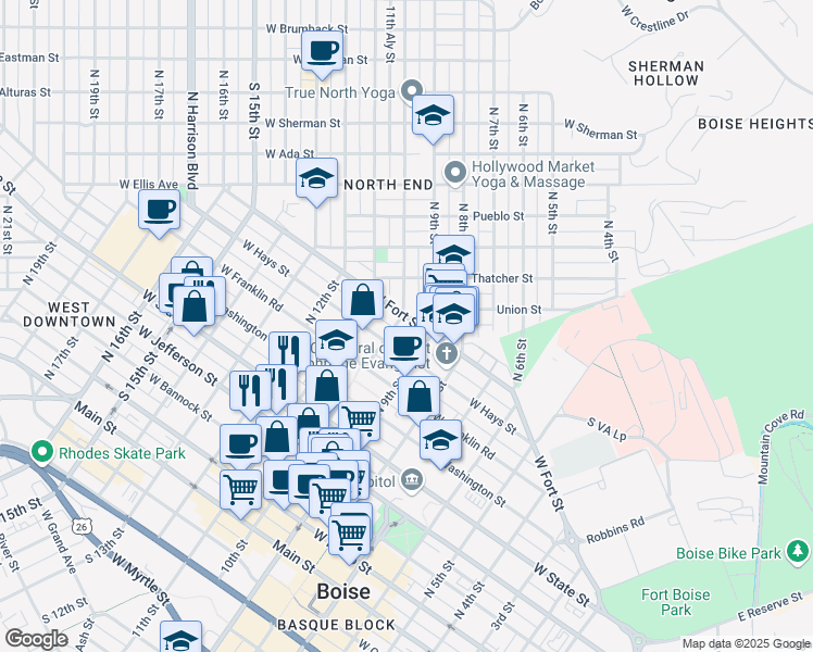 map of restaurants, bars, coffee shops, grocery stores, and more near 1005 West Fort Street in Boise