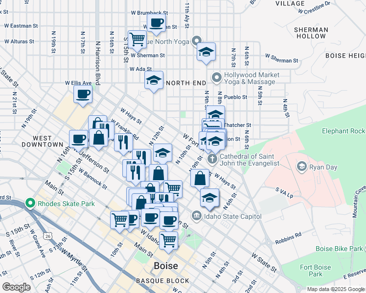 map of restaurants, bars, coffee shops, grocery stores, and more near 1005 West Fort Street in Boise
