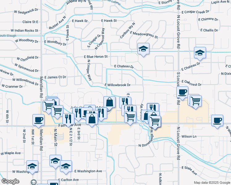 map of restaurants, bars, coffee shops, grocery stores, and more near 789 East Willowbrook Drive in Meridian