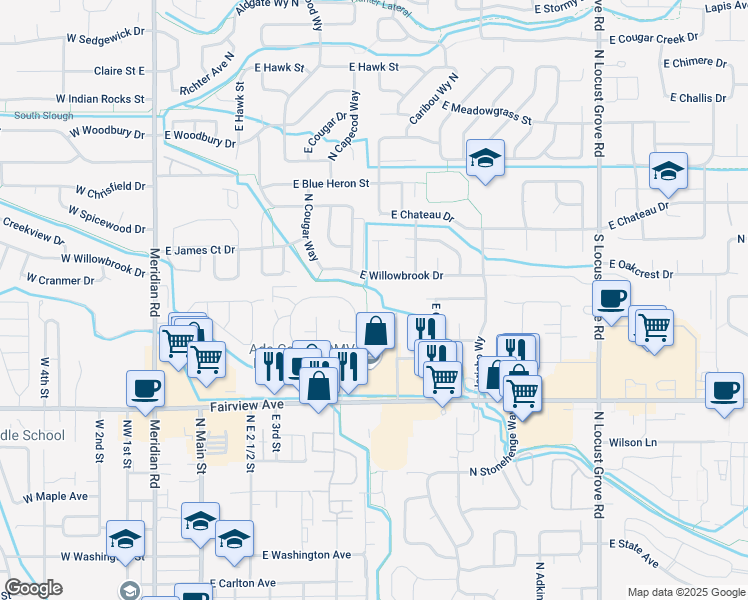 map of restaurants, bars, coffee shops, grocery stores, and more near 789 East Willowbrook Drive in Meridian