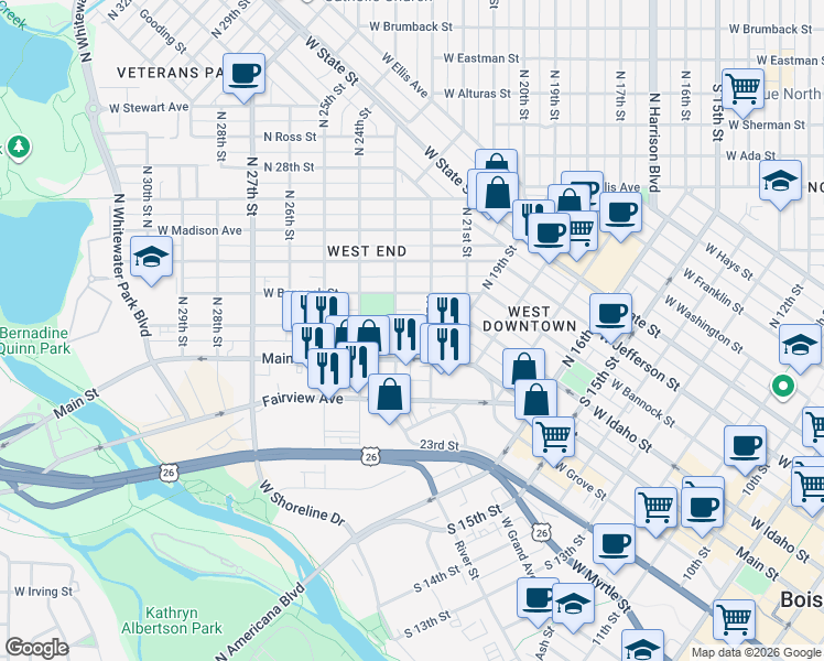 map of restaurants, bars, coffee shops, grocery stores, and more near 203 North 22nd Street in Boise