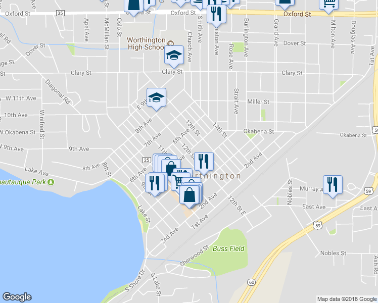 map of restaurants, bars, coffee shops, grocery stores, and more near 498 12th Street in Worthington
