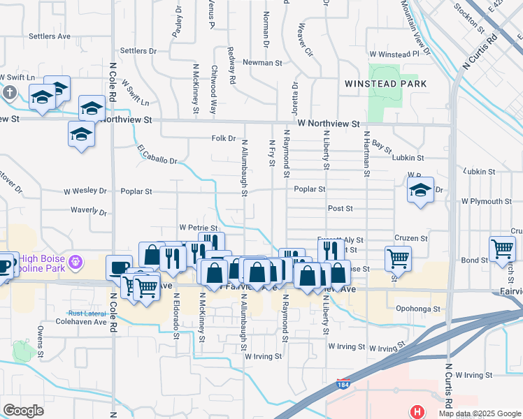 map of restaurants, bars, coffee shops, grocery stores, and more near 2012 Hailey Lane in Boise