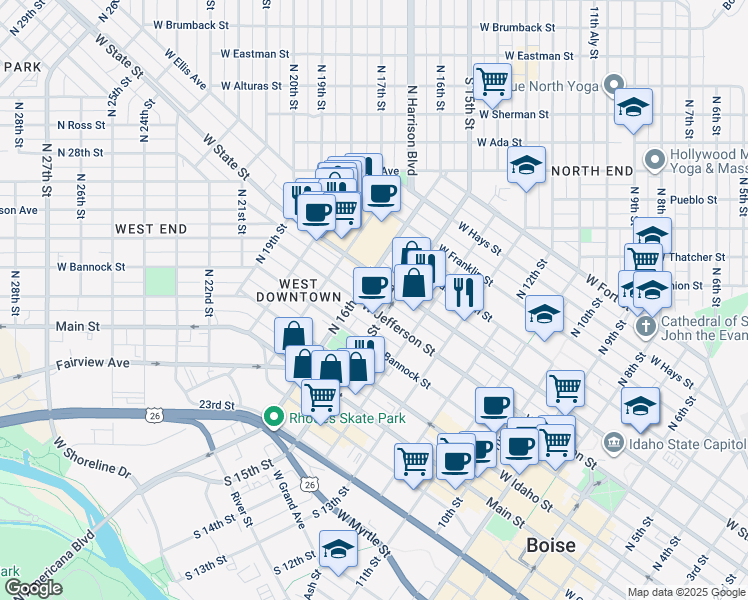 map of restaurants, bars, coffee shops, grocery stores, and more near 1522 West State Street in Boise