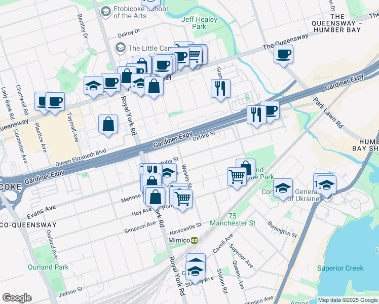 map of restaurants, bars, coffee shops, grocery stores, and more near 58 Manitoba Street in Toronto