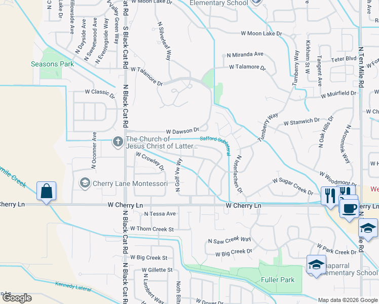 map of restaurants, bars, coffee shops, grocery stores, and more near 1967 North Peartree Avenue in Meridian