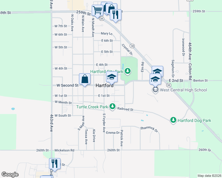 map of restaurants, bars, coffee shops, grocery stores, and more near 303 East 2nd Street in Hartford