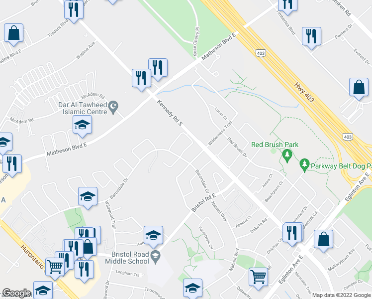 map of restaurants, bars, coffee shops, grocery stores, and more near 377 Turnberry Crescent in Mississauga