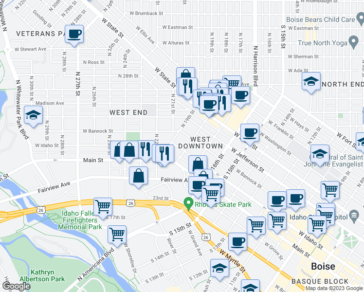 map of restaurants, bars, coffee shops, grocery stores, and more near 1804 West Idaho Street in Boise