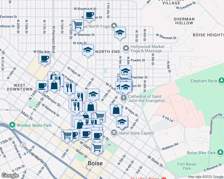 map of restaurants, bars, coffee shops, grocery stores, and more near 1005 West Fort Street in Boise
