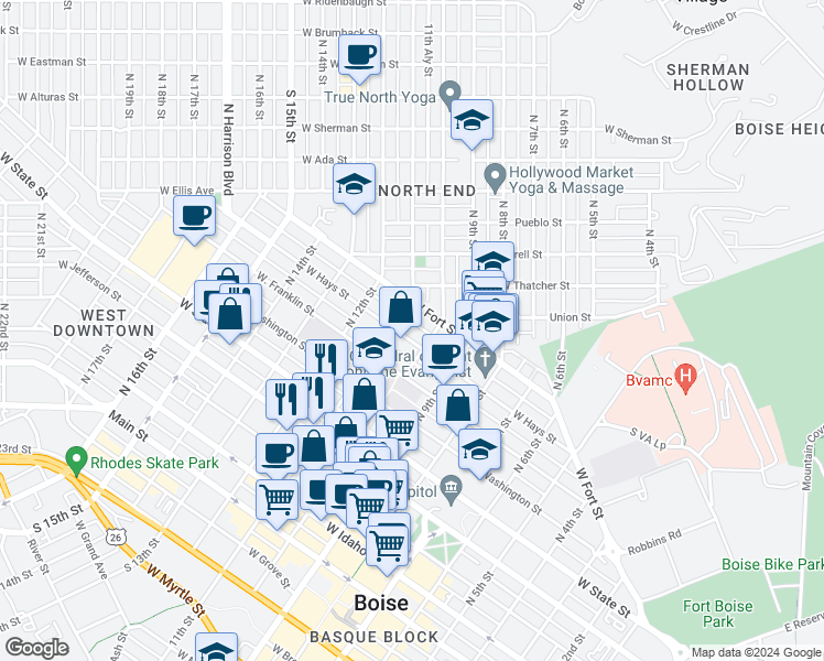 map of restaurants, bars, coffee shops, grocery stores, and more near 1005 West Fort Street in Boise