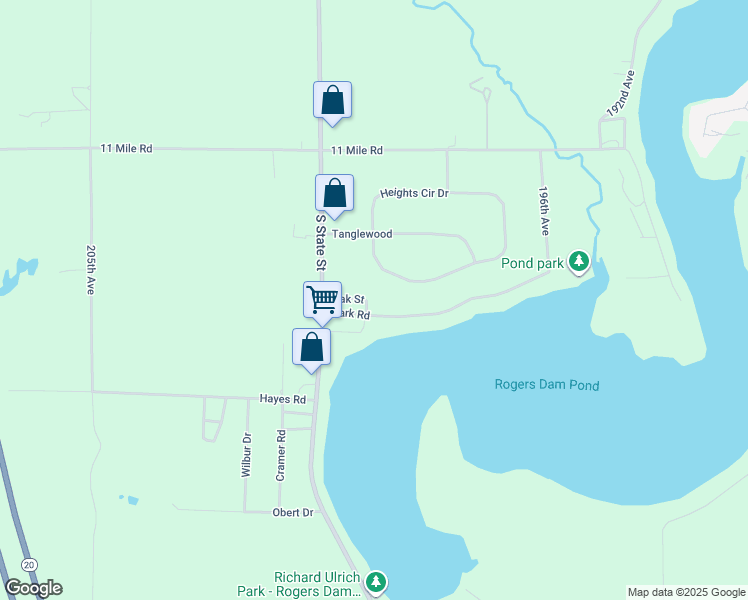 map of restaurants, bars, coffee shops, grocery stores, and more near 19825 Heights Circle Drive in Big Rapids