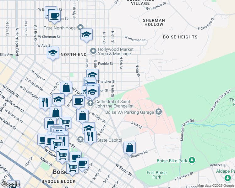 map of restaurants, bars, coffee shops, grocery stores, and more near North 5th Street in Boise
