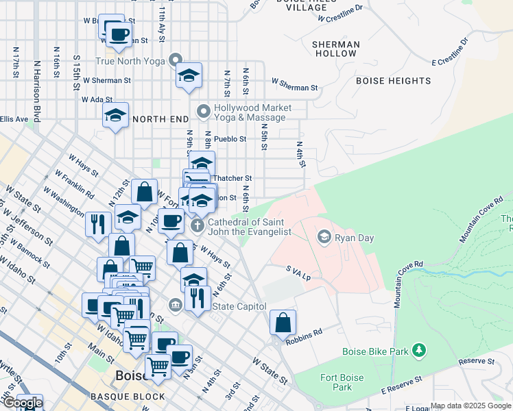map of restaurants, bars, coffee shops, grocery stores, and more near North 5th Street in Boise