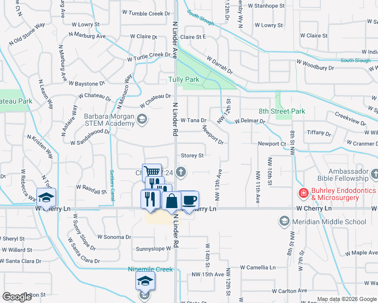 map of restaurants, bars, coffee shops, grocery stores, and more near 1447 West Sandalwood Drive in Meridian