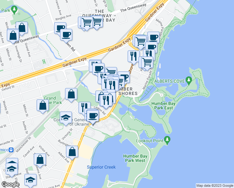 map of restaurants, bars, coffee shops, grocery stores, and more near 2200 Lake Shore Boulevard West in Toronto