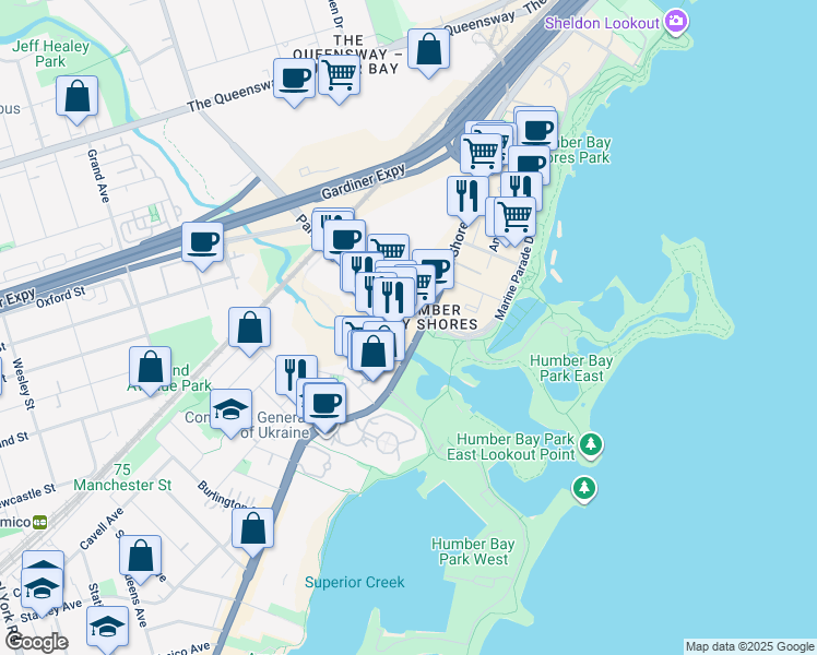 map of restaurants, bars, coffee shops, grocery stores, and more near 2196 Lake Shore Boulevard West in Toronto