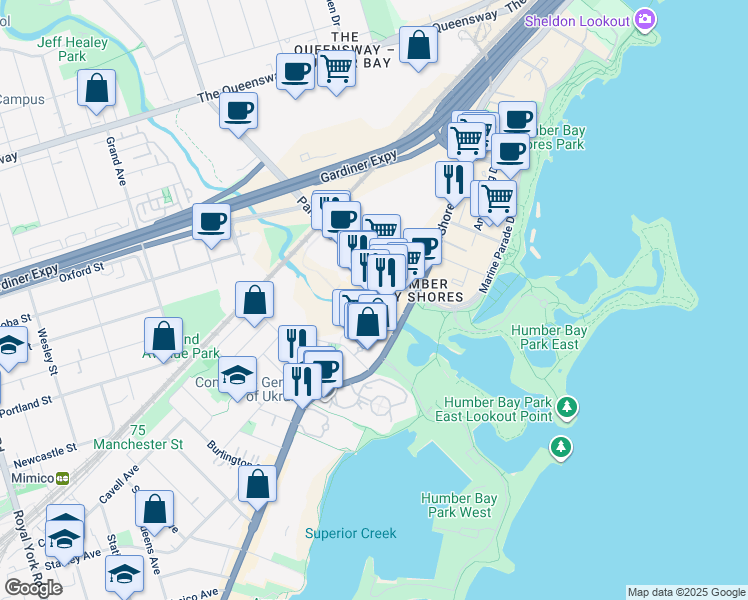 map of restaurants, bars, coffee shops, grocery stores, and more near 2220 Lake Shore Boulevard West in Toronto