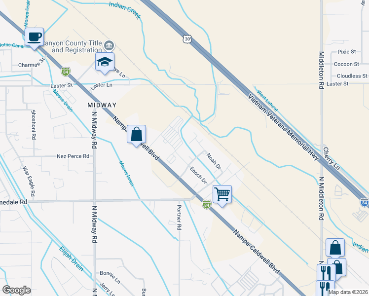 map of restaurants, bars, coffee shops, grocery stores, and more near 6905 Enoch Drive in Caldwell