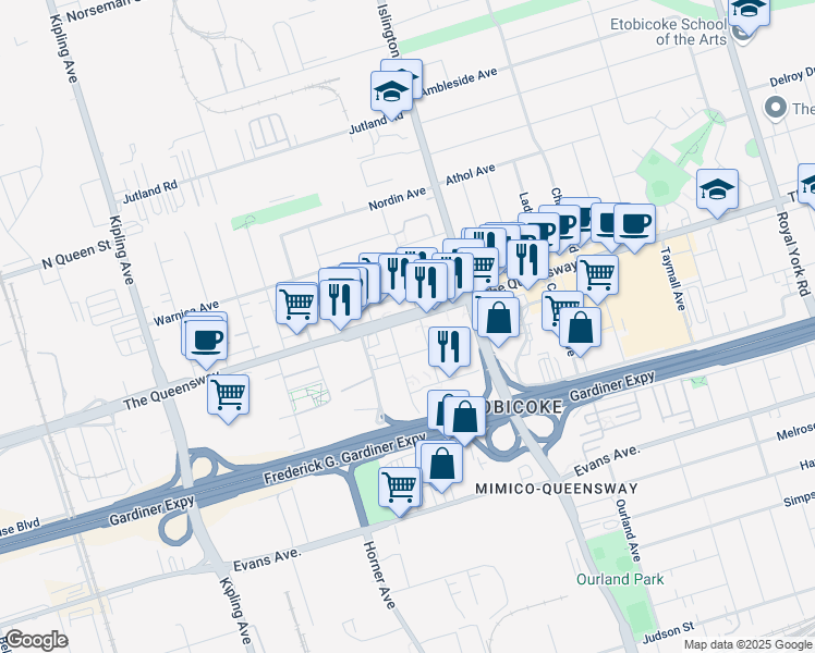 map of restaurants, bars, coffee shops, grocery stores, and more near 1011 The Queensway in Toronto