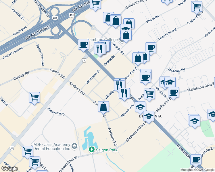 map of restaurants, bars, coffee shops, grocery stores, and more near 5900 Hurontario Street in Mississauga