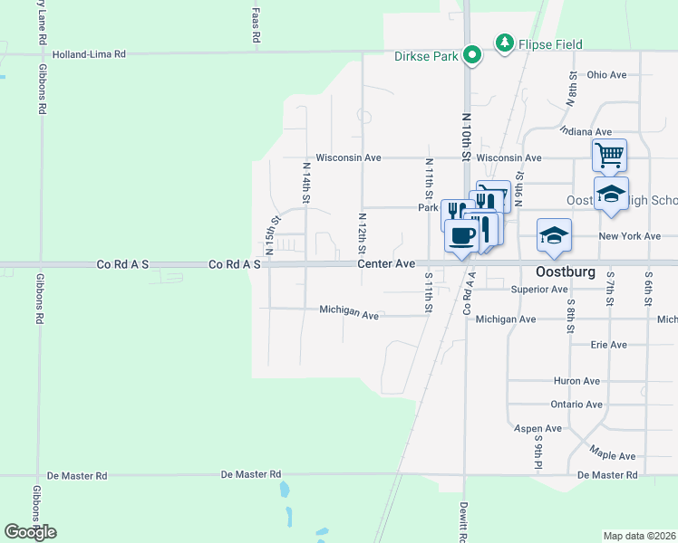 map of restaurants, bars, coffee shops, grocery stores, and more near 1217 Center Avenue in Oostburg
