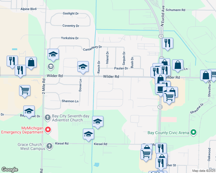 map of restaurants, bars, coffee shops, grocery stores, and more near 3306 Hanover Court in Bay City