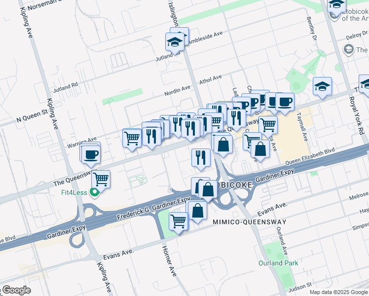 map of restaurants, bars, coffee shops, grocery stores, and more near 1037 The Queensway in Toronto