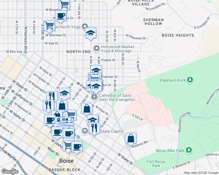 map of restaurants, bars, coffee shops, grocery stores, and more near 619 Union Street in Boise