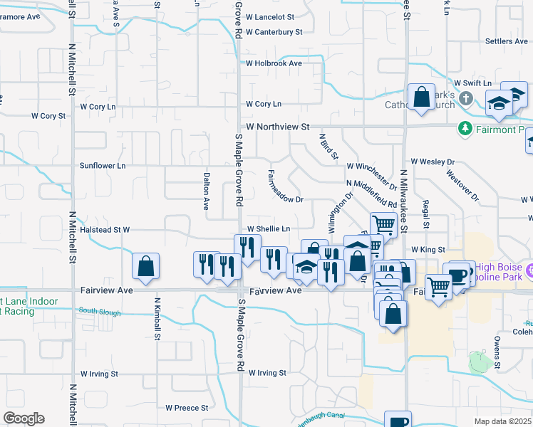 map of restaurants, bars, coffee shops, grocery stores, and more near 8810 West Shellie Lane in Boise