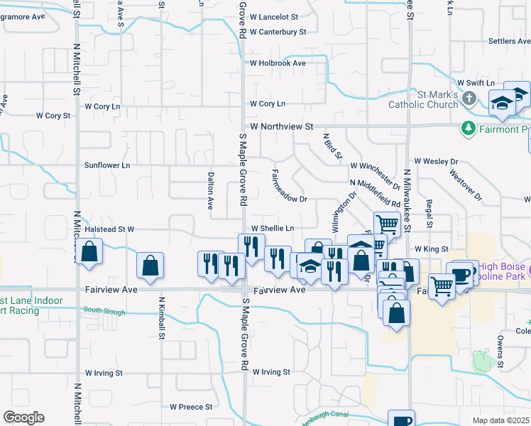 map of restaurants, bars, coffee shops, grocery stores, and more near 8974 West Shellie Lane in Boise