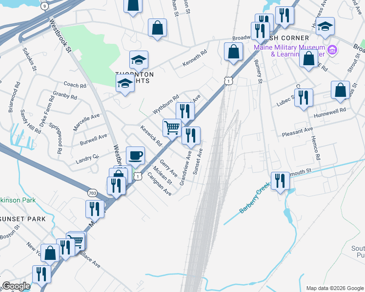 map of restaurants, bars, coffee shops, grocery stores, and more near 5 Tremont Street in South Portland