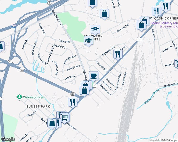 map of restaurants, bars, coffee shops, grocery stores, and more near 53 Aspen Avenue in South Portland