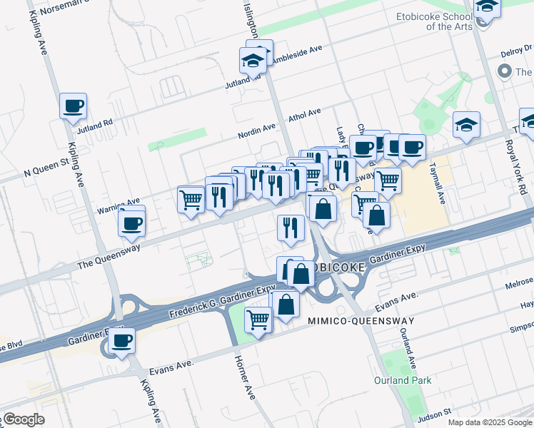 map of restaurants, bars, coffee shops, grocery stores, and more near 1011 The Queensway in Toronto